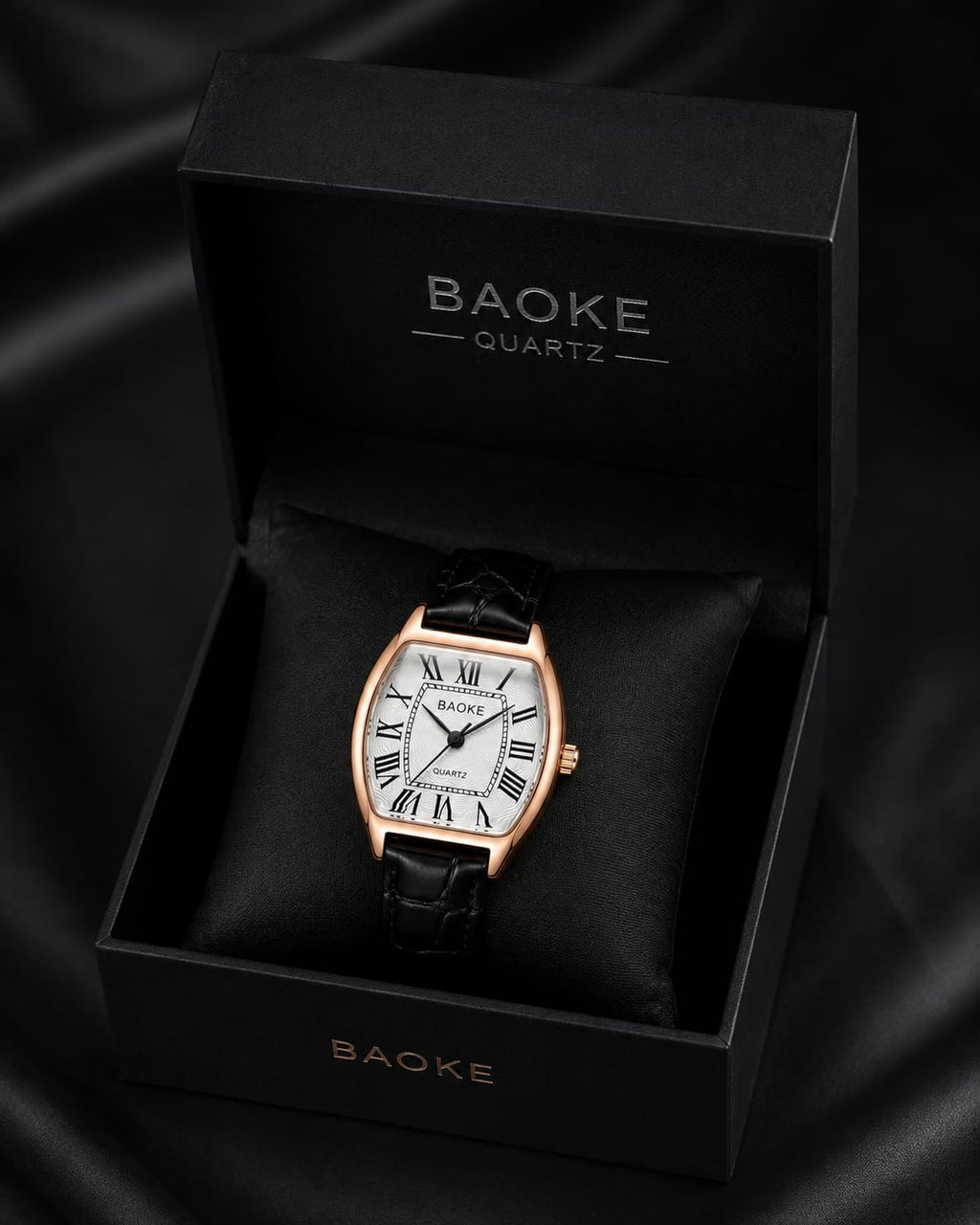 BAOKE Vintage Tonneau Women's Quartz Watch – Classic Rose Gold & Black Leather Strap