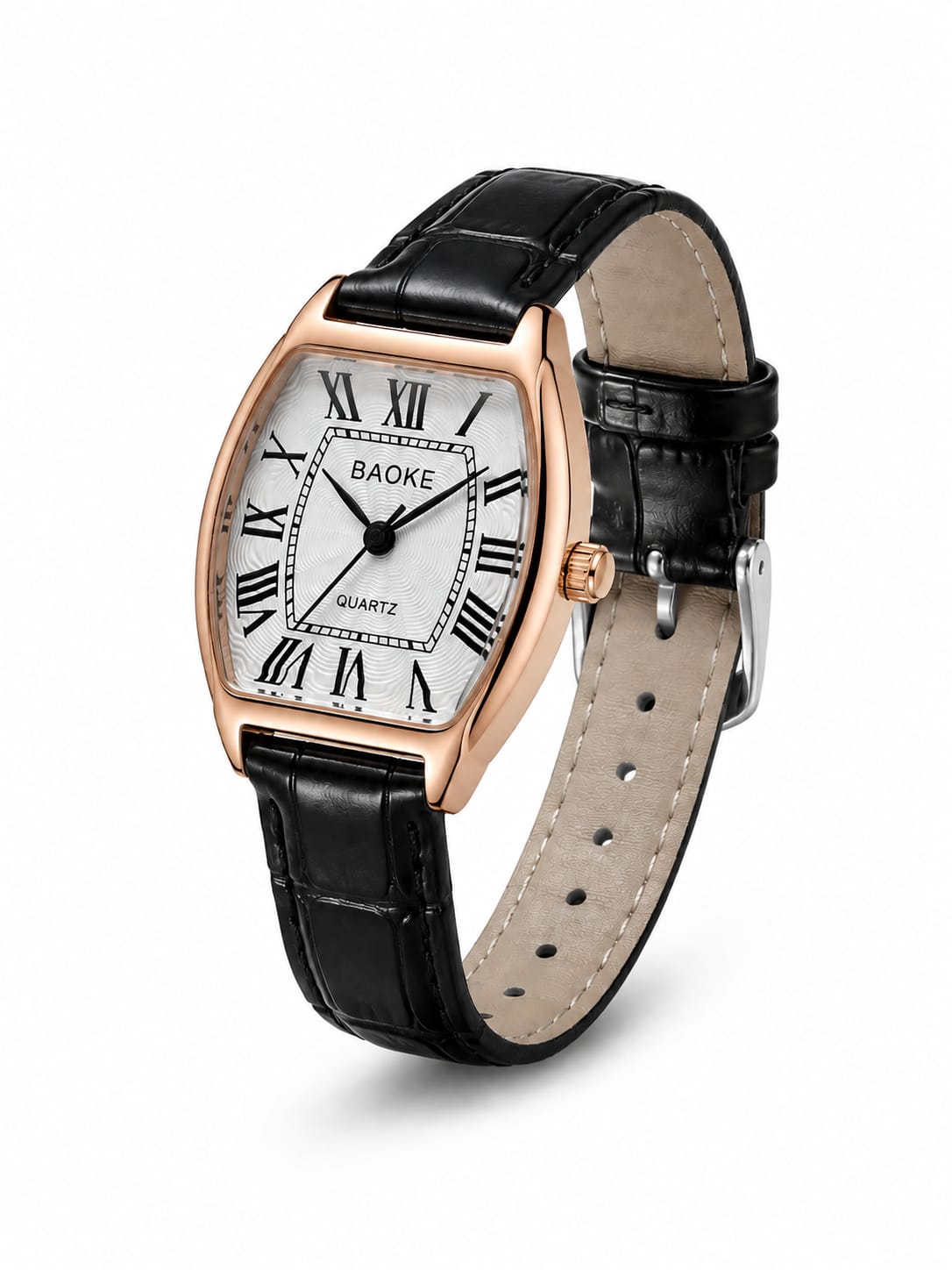 BAOKE Vintage Tonneau Women's Quartz Watch – Classic Rose Gold & Black Leather Strap