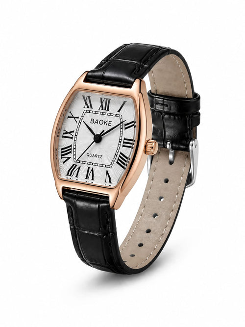 BAOKE Vintage Tonneau Women's Quartz Watch – Classic Rose Gold & Black Leather Strap
