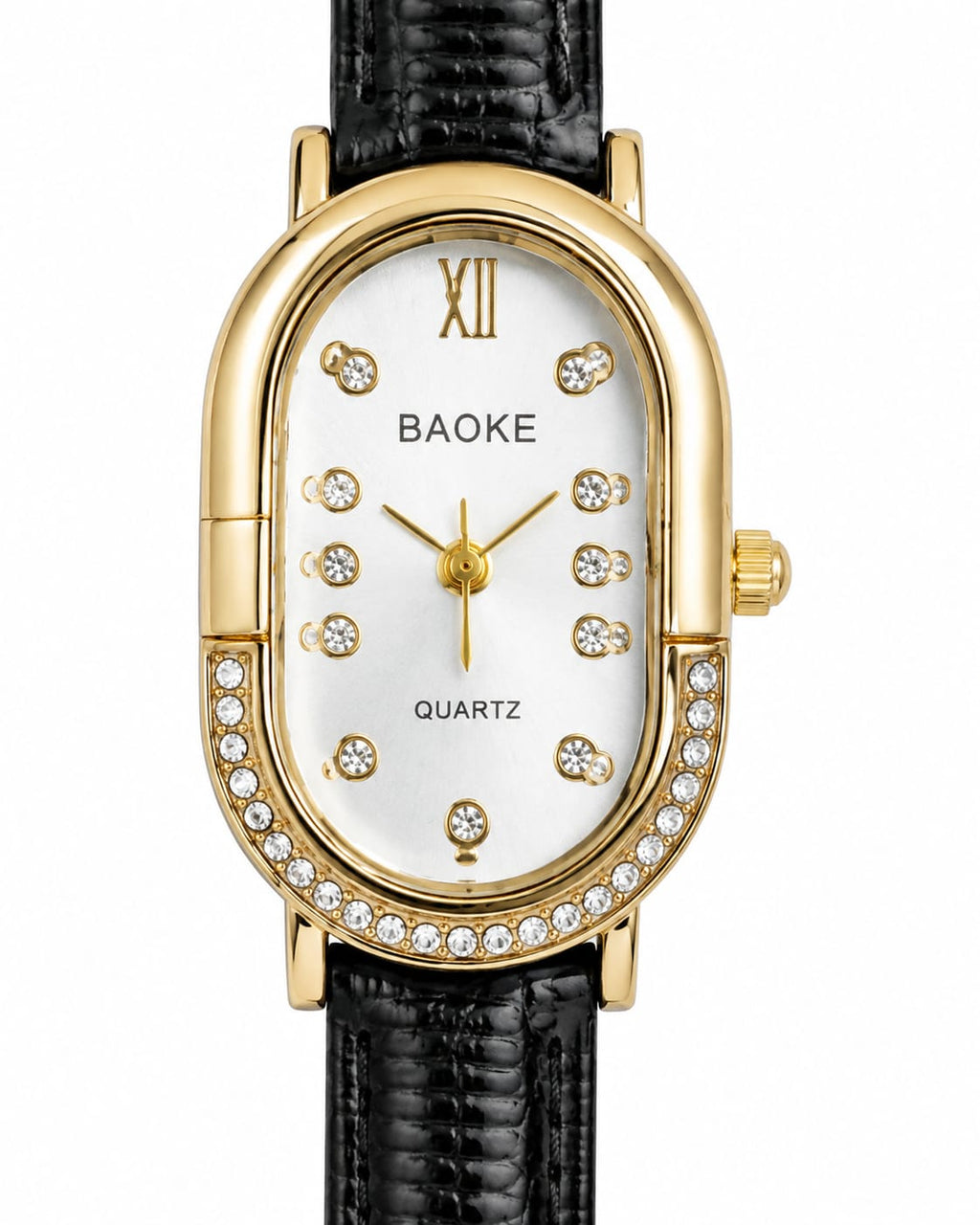 BAOKE Elegant Oval Women's Quartz Watch – Gold Crystal Bezel & Black Textured Leather Strap