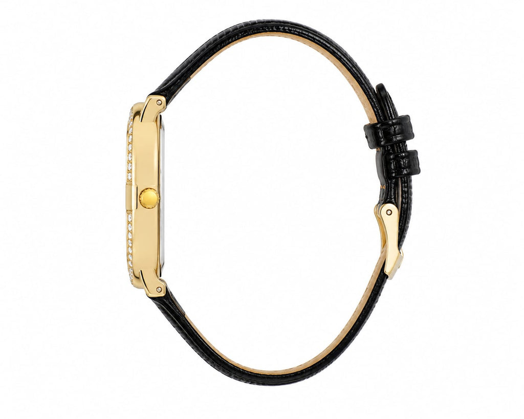 BAOKE Elegant Oval Women's Quartz Watch – Gold Crystal Bezel & Black Textured Leather Strap