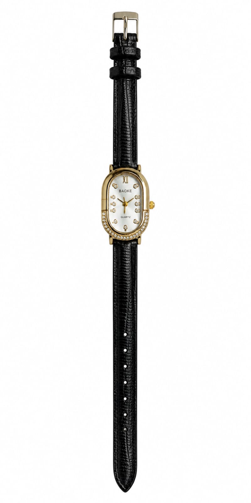 BAOKE Elegant Oval Women's Quartz Watch – Gold Crystal Bezel & Black Textured Leather Strap