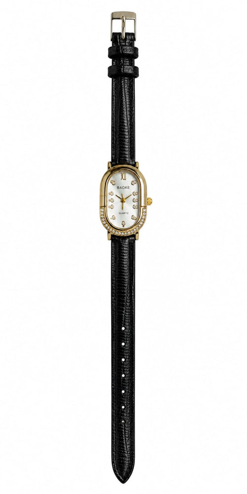 BAOKE Elegant Oval Women's Quartz Watch – Gold Crystal Bezel & Black Textured Leather Strap