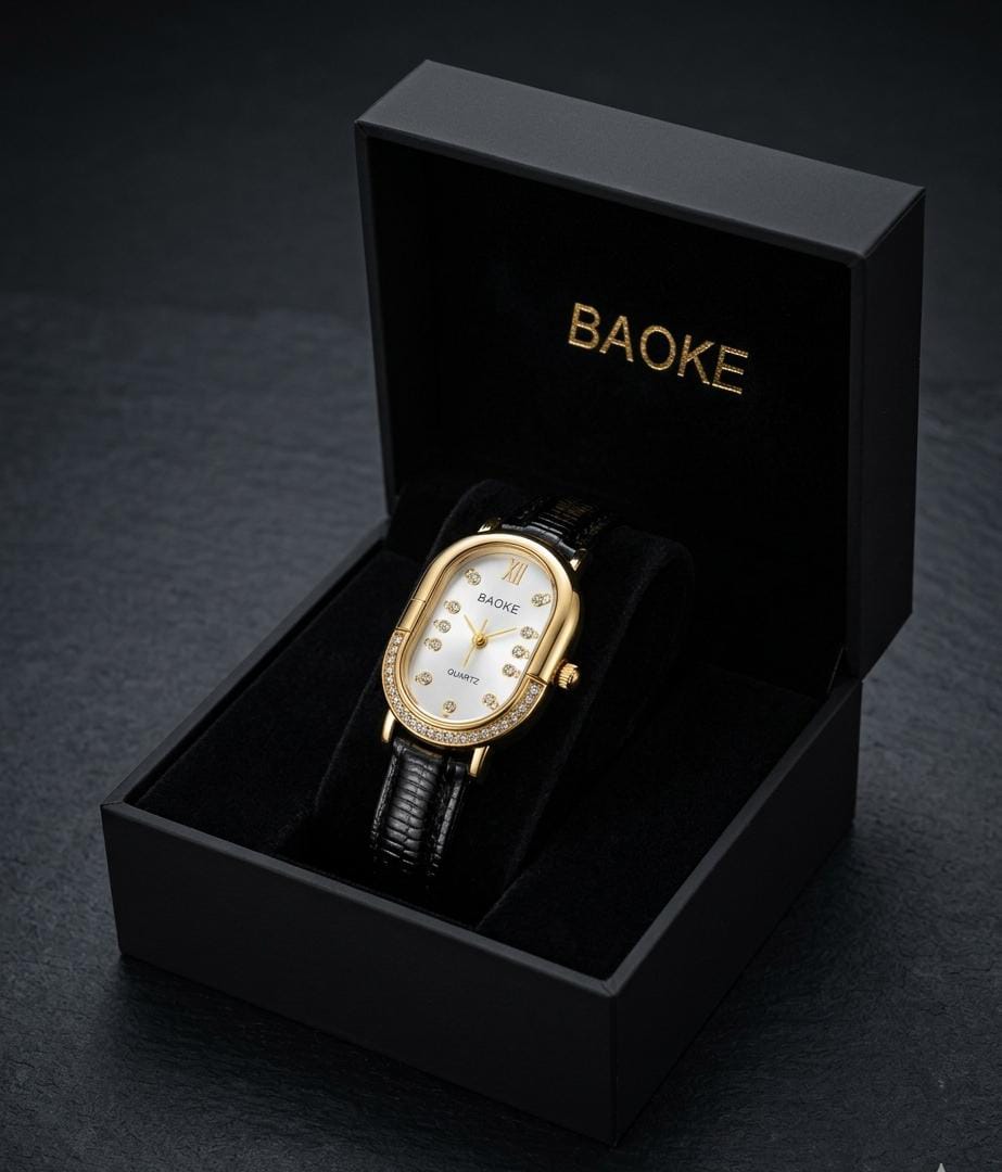 BAOKE Elegant Oval Women's Quartz Watch – Gold Crystal Bezel & Black Textured Leather Strap